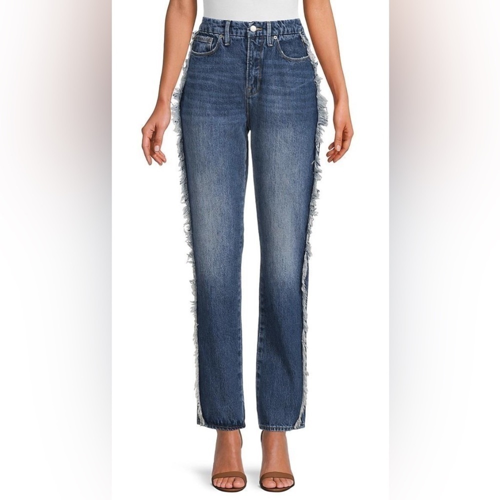 NWT Good American Good Boy Side Frayed Straight Leg Jeans Blue Sz 2/26